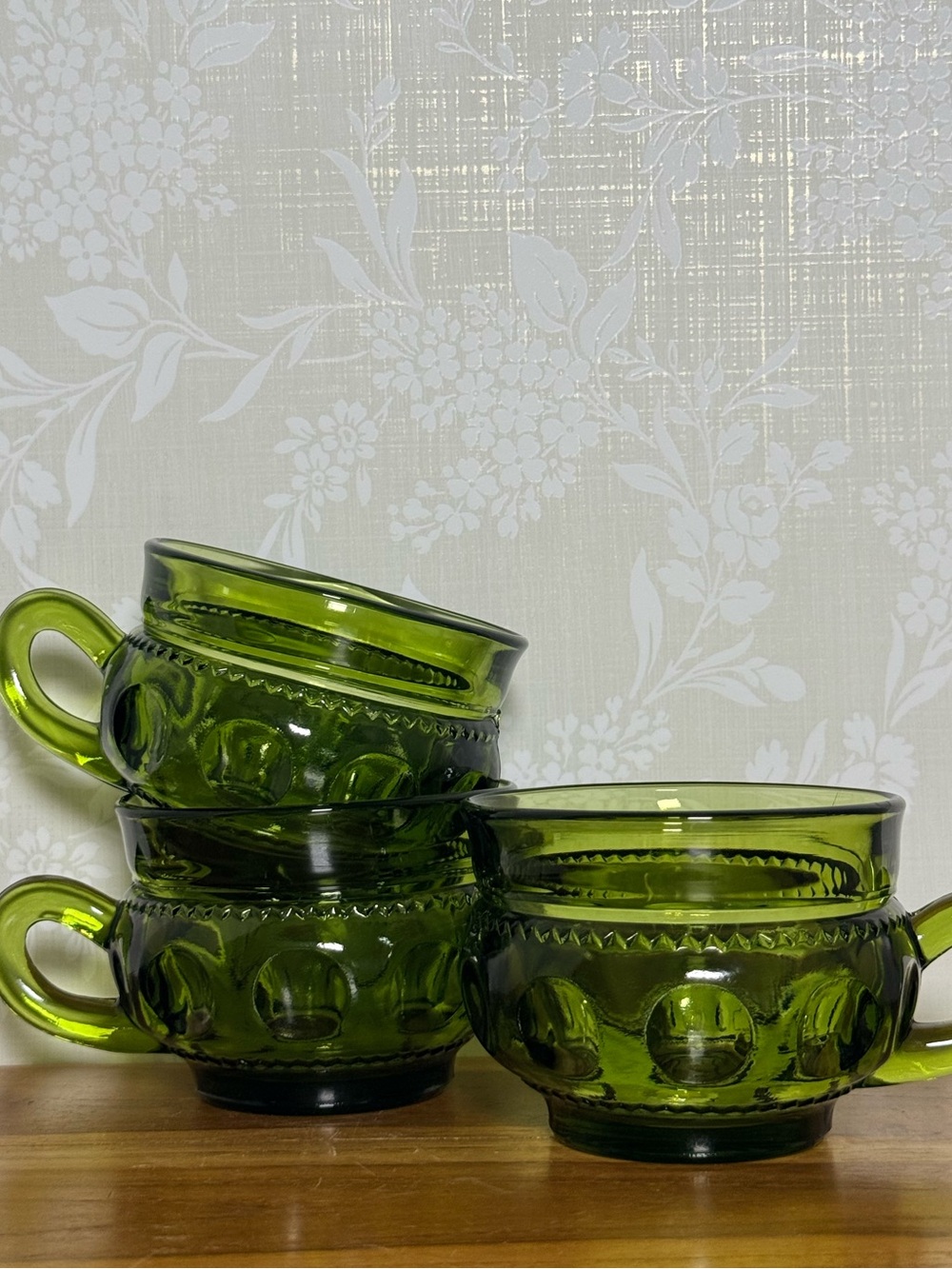 Vintage Avocado Green Cups, Kings Crown Thumbprint by Indiana Glads